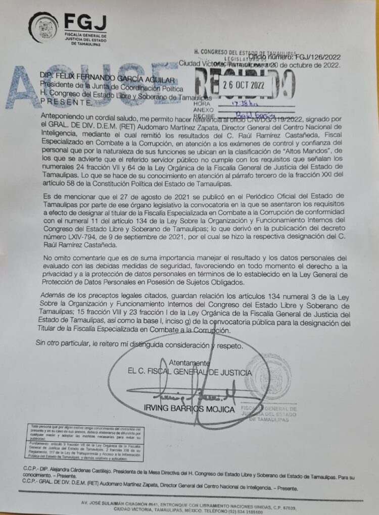 Fácil, «sin disparar un  solo tiro» tumban al Fiscal Anticorrupción de Tamaulipasi
