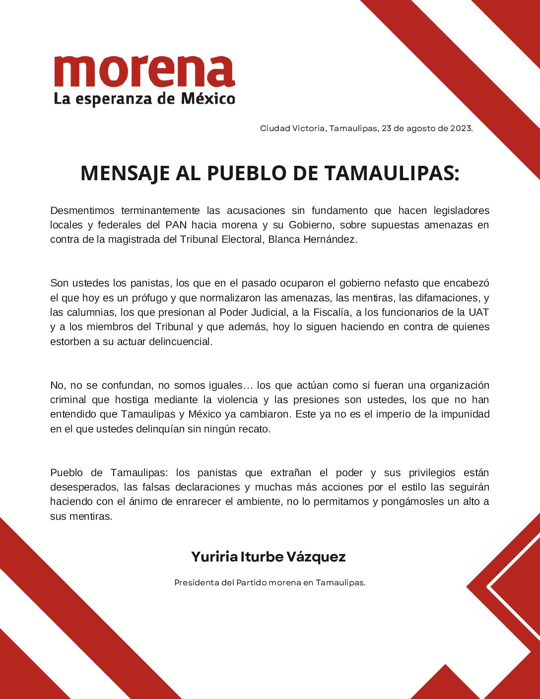 Desmiente Morena que amenace a magistrada Eladia Rojas, del TRIELTAM