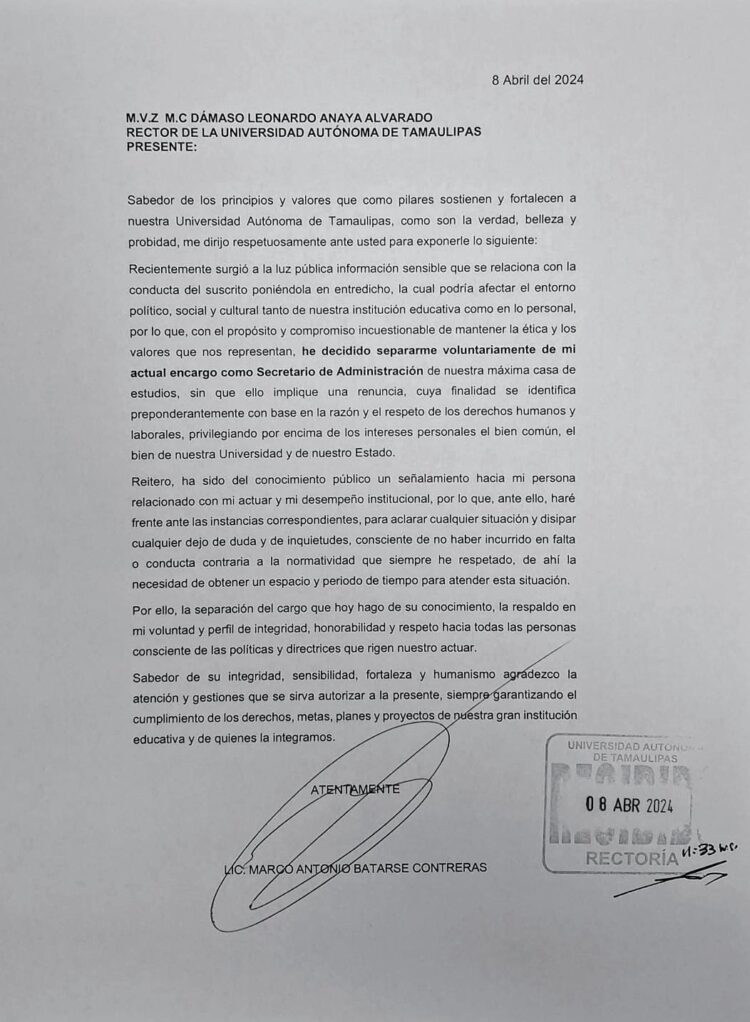 Se separa Marco Batarse de la UAT, para hacer frente a señalamientos