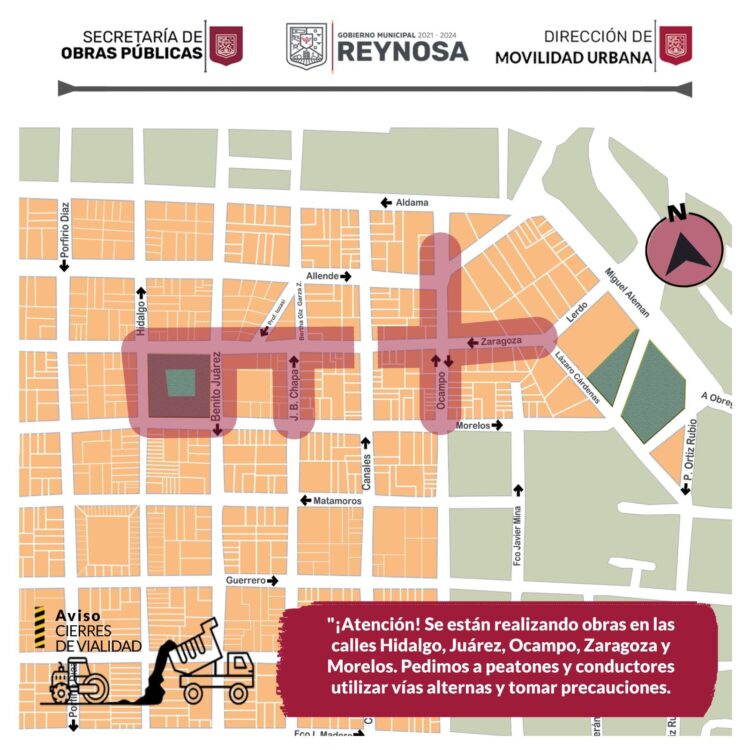 Ayuntamiento activa cortes en calles del primer cuadro de Reynosa, por realización de obras