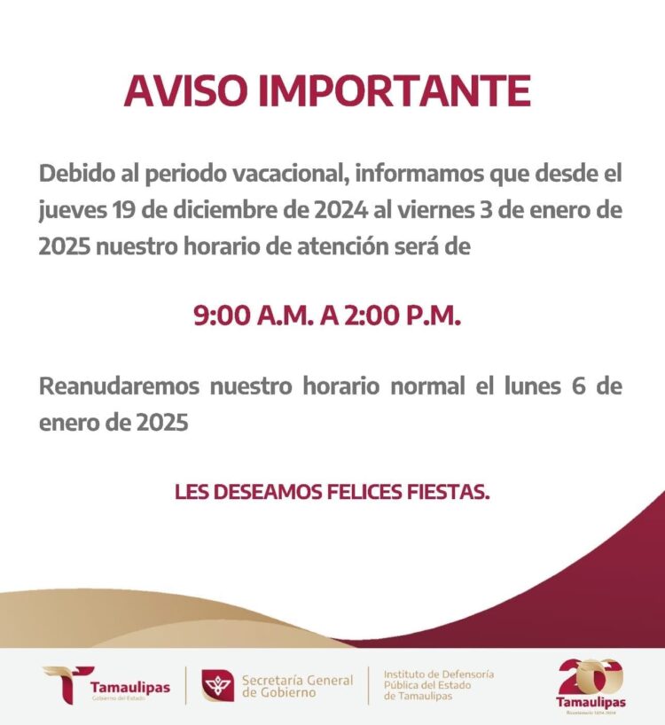 Defensoría Pública dará atención durante el periodo vacacional