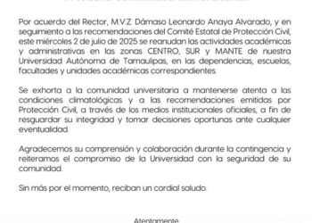 Tormenta tropical: La UAT reanuda actividades el miércoles 2