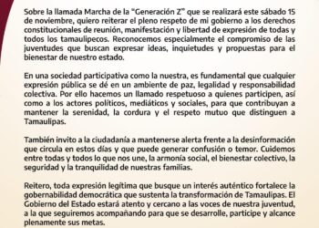 Mensaje del gobernador Américo Villarreal Anaya sobre la marcha de la «Generación Z»