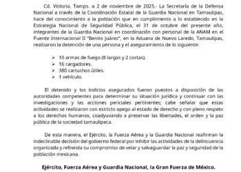 Guardia Nacional en coordinación con la Agencia Nacional de Aduanas de México aseguran armamento en Tamaulipas