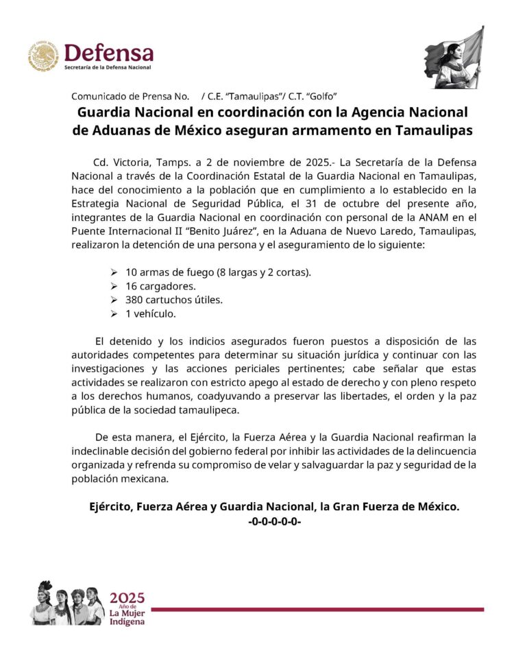 Guardia Nacional en coordinación con la Agencia Nacional de Aduanas de México aseguran armamento en Tamaulipas