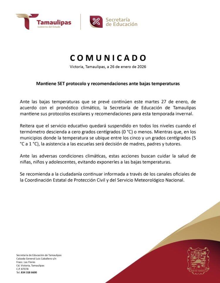 SET emite comunicado ante bajas temperaturas