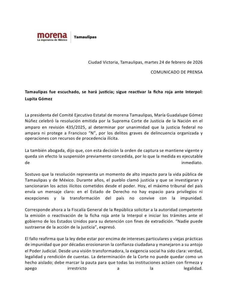 Tamaulipas fue escuchado, se hará justicia; sigue reactivar la ficha roja ante Interpol: Lupita Gómez