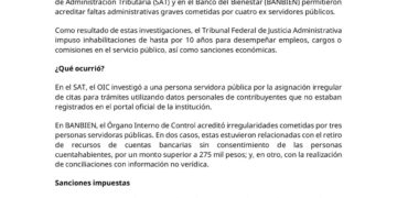 Buen Gobierno logra inhabilitaciones de hasta por 10 años a servidores públicos del SAT y BANBIEN