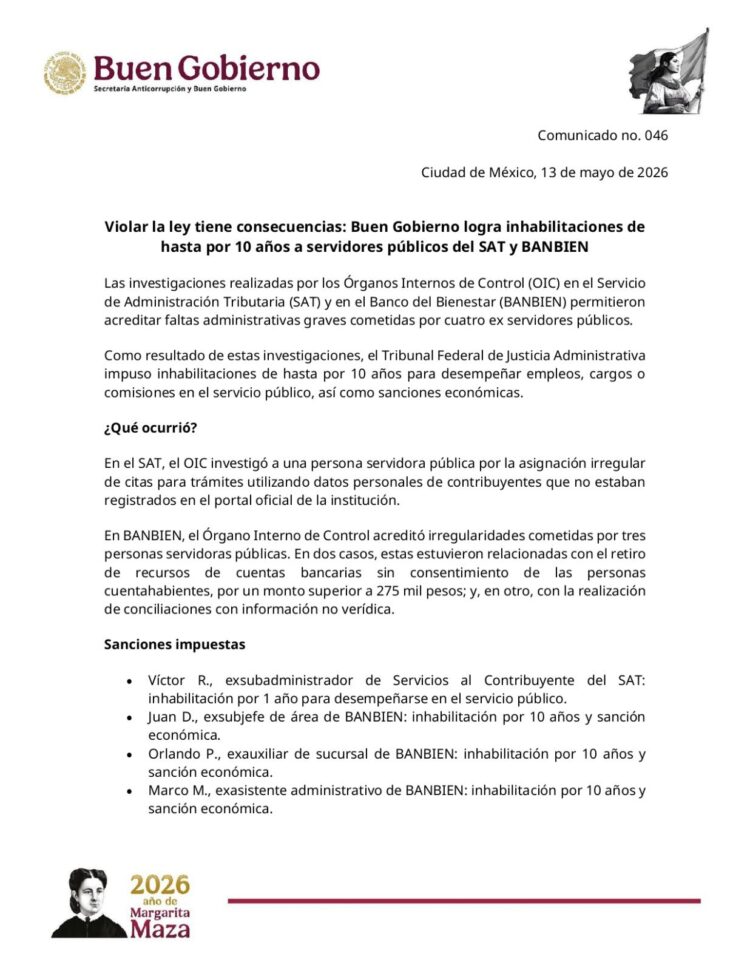 Buen Gobierno logra inhabilitaciones de hasta por 10 años a servidores públicos del SAT y BANBIEN