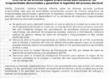 A una semana de las elecciones, Morena impugna en Coahuila.