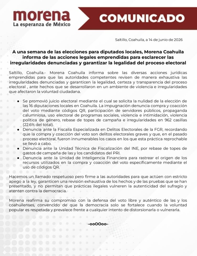 A una semana de las elecciones, Morena impugna en Coahuila.